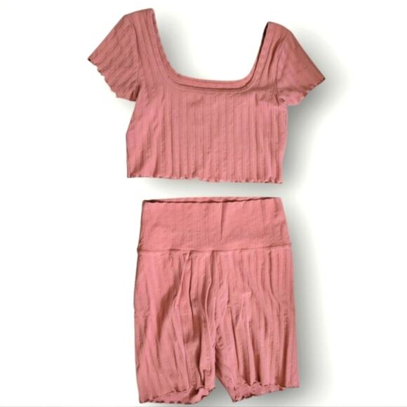 aerie Tops - Aerie Offline 2 Piece Workout Set Size Large L Pink Top Shorts Ribbed Stretch